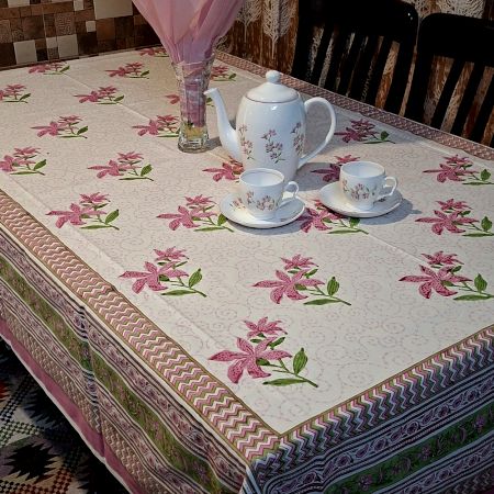 Pink Floral Pattern Handmade Canvas Cotton Table Cover
